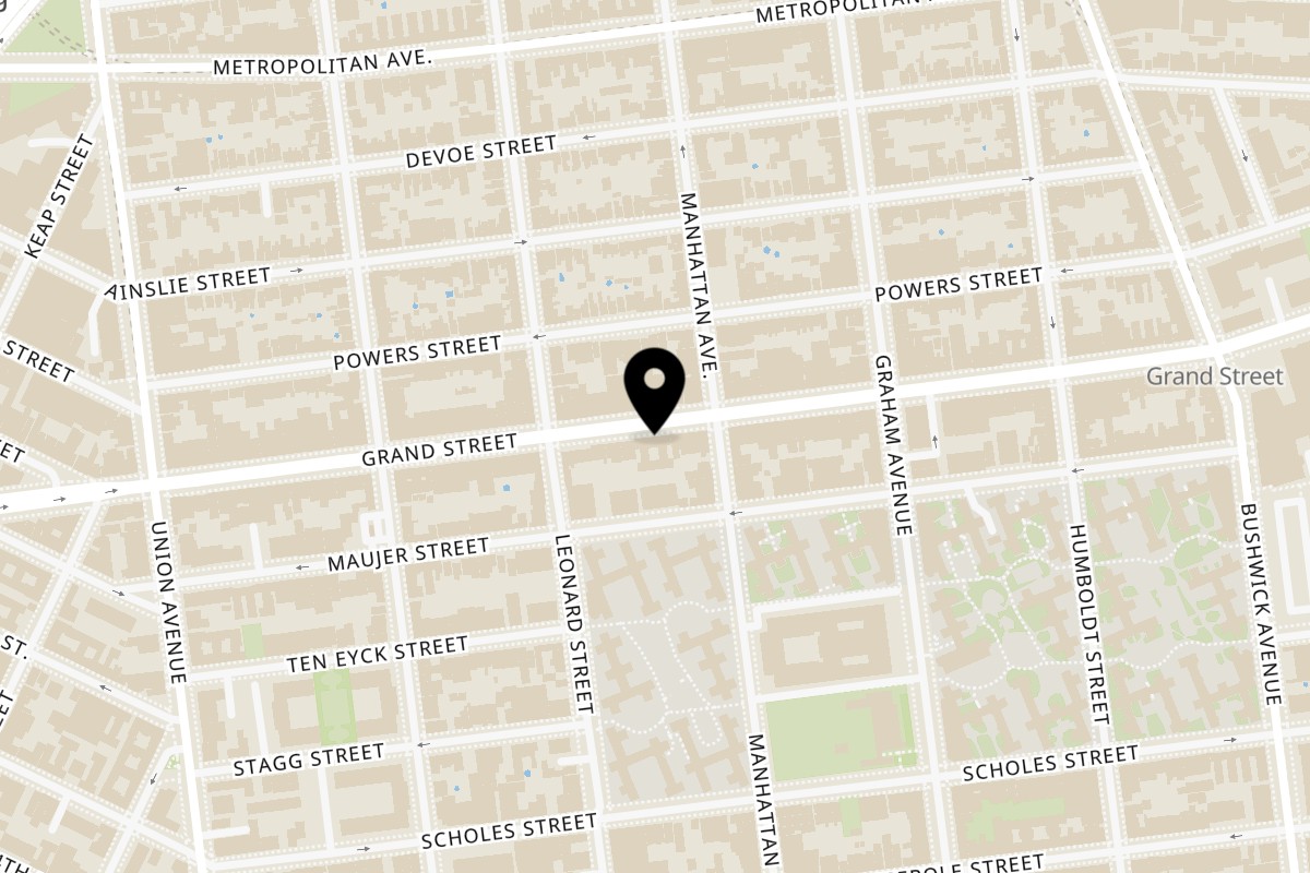 Map showing the location of The Sandwich Shop on 658 A Grand St in Brooklyn